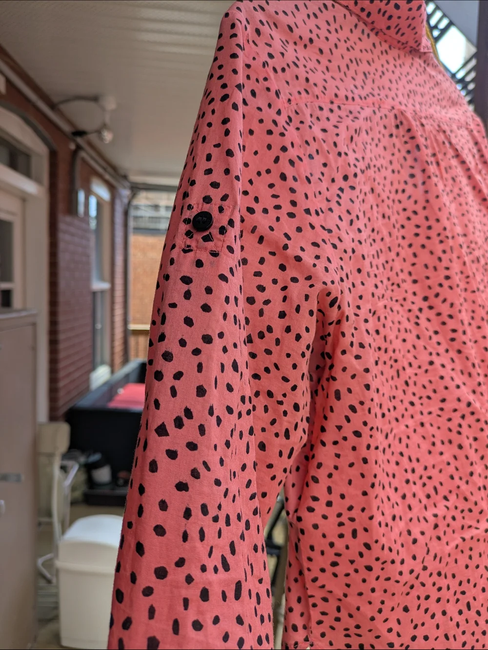 Women’s Coral Pink Button-Down Blouse with Black Dot Print - Picture 7 of 8